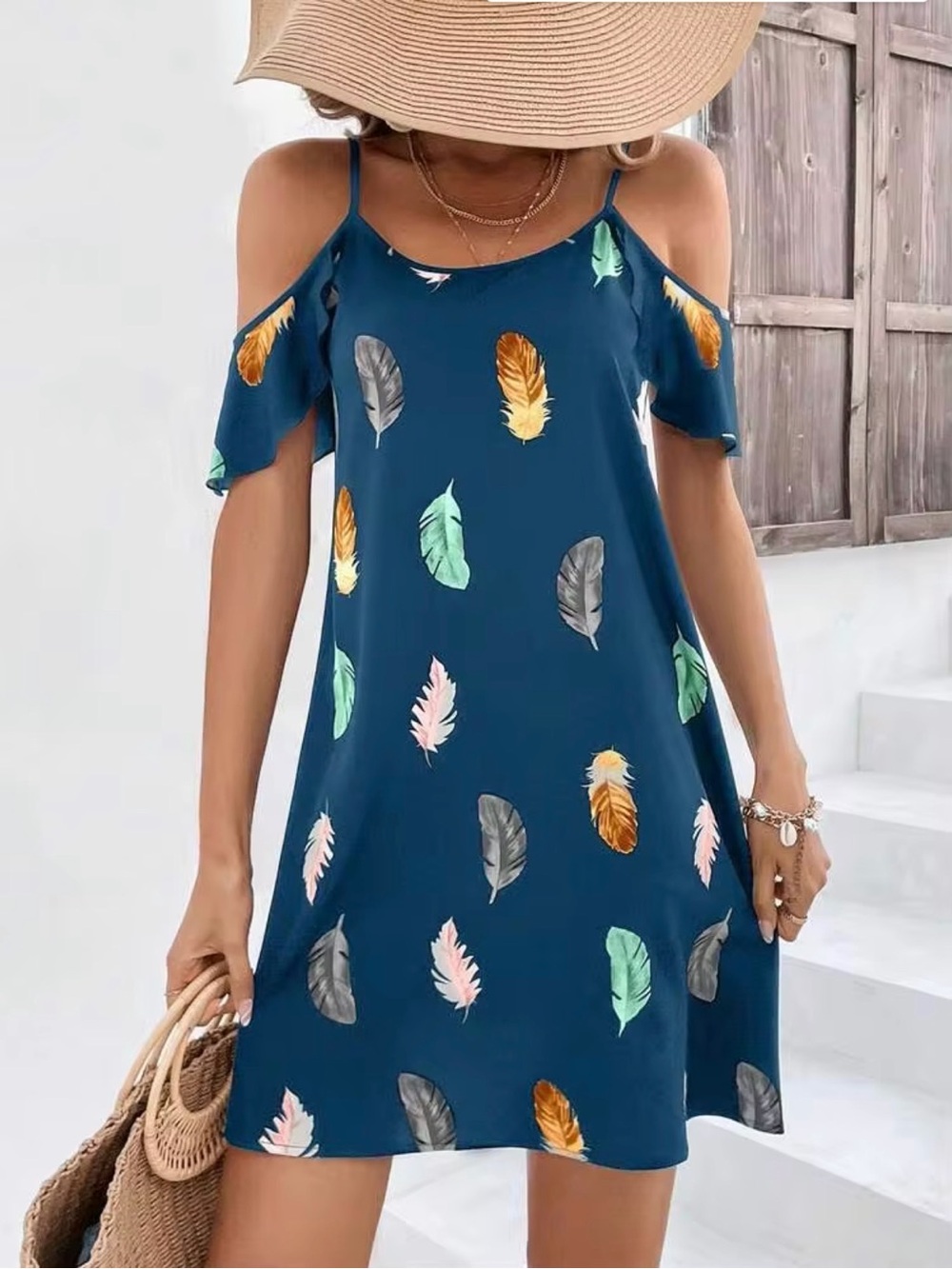 SHEIN VCAY A-line Ruffle Feather Print Lightweight Cold Shoulder Dress Size Lrg